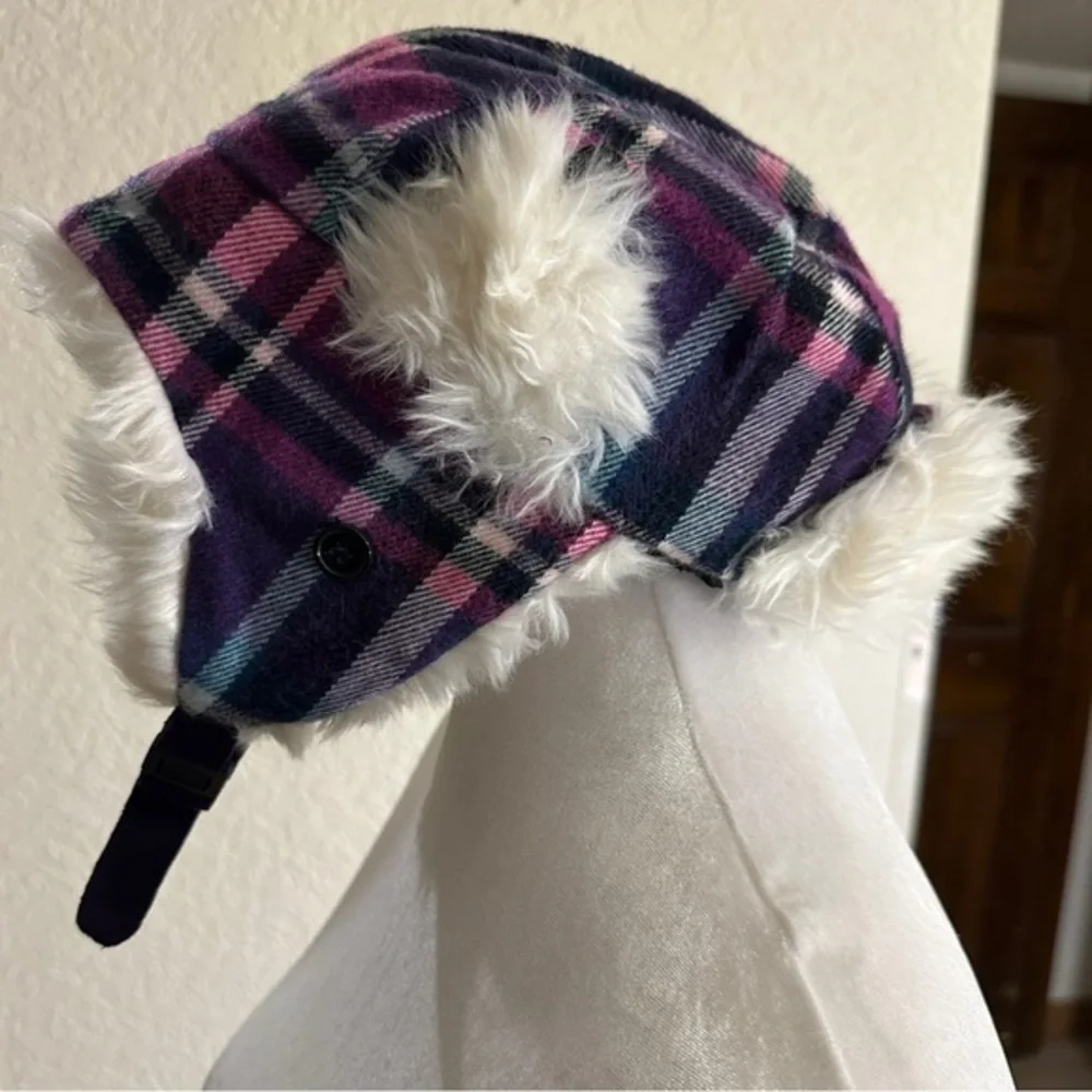 Beadz‎ 'N Bagz Trapper Hat Women OS Purple Plaid Faux Fur NEW